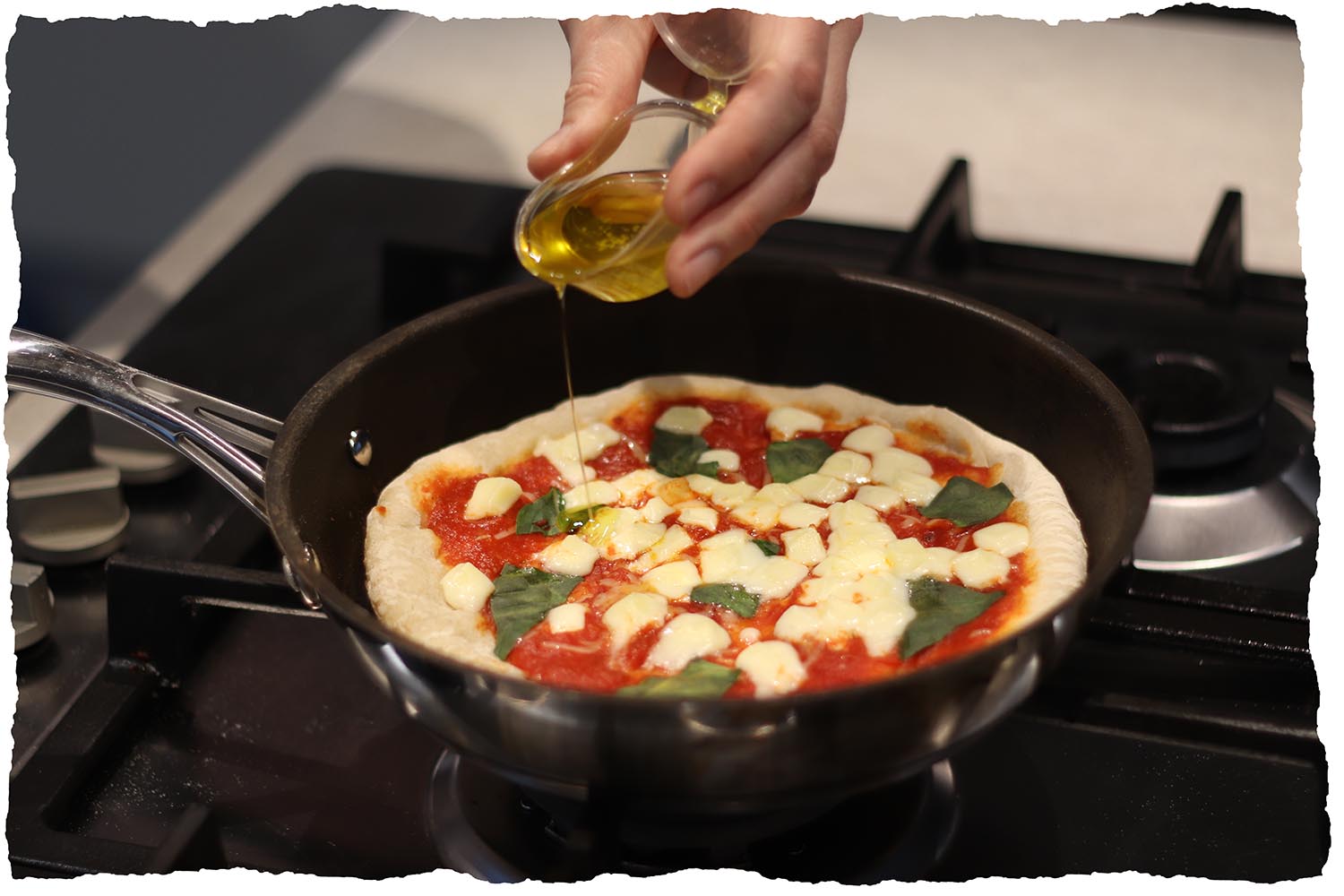 Drizzle olive oil on your pizza